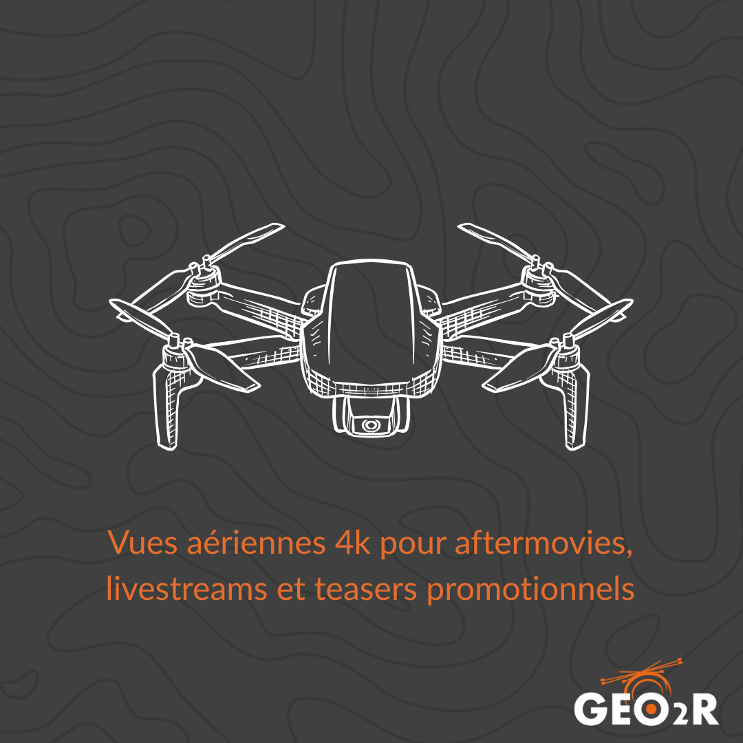 Illustration d'un drone en vol avec un message indiquant des vues aériennes 4K pour aftermovies, livestreams et teasers promotionnels.
