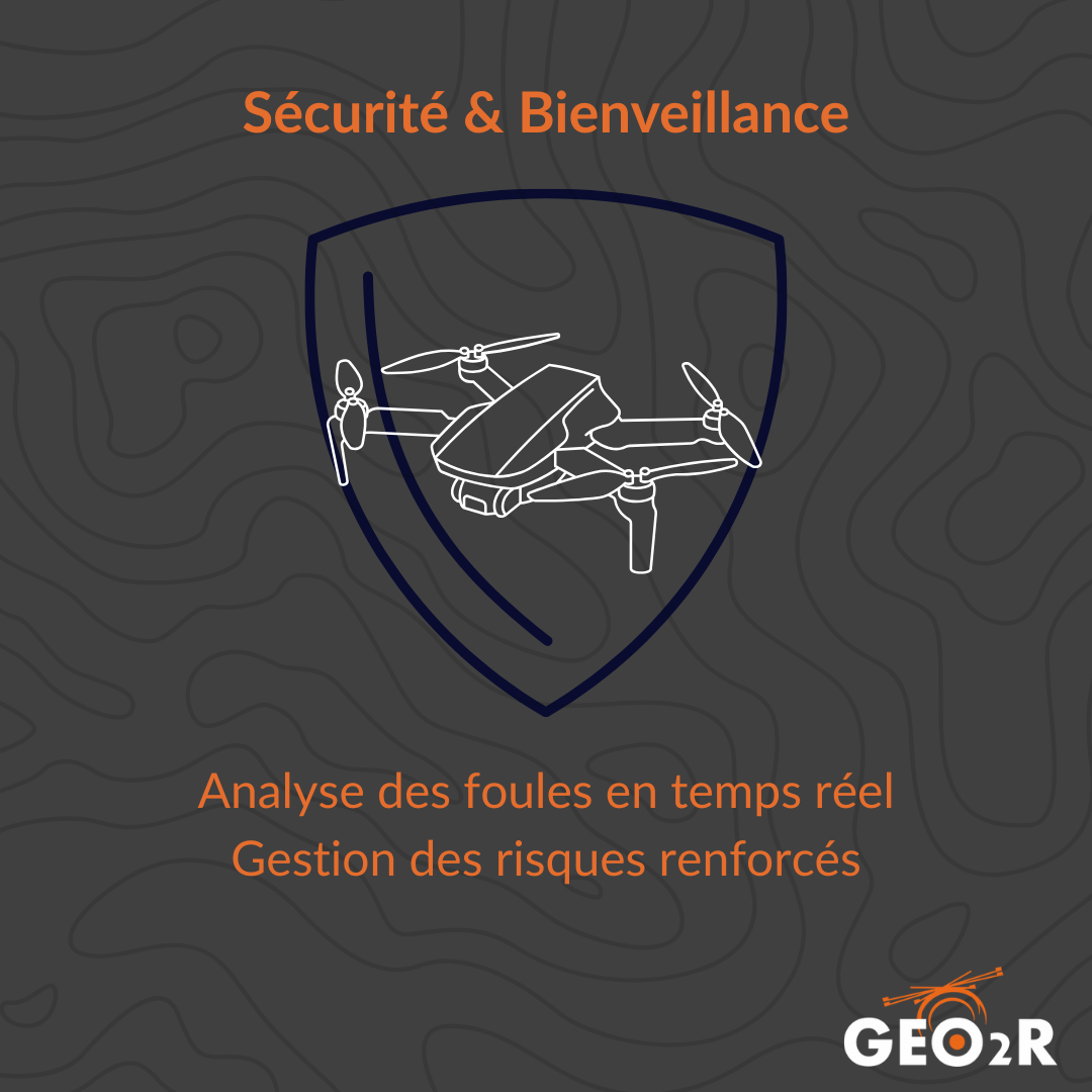 Illustration d'un drone dans un bouclier, accompagnée des mentions "Sécurité & Bienveillance", "Analyse des foules en temps réel" et "Gestion des risques renforcés".