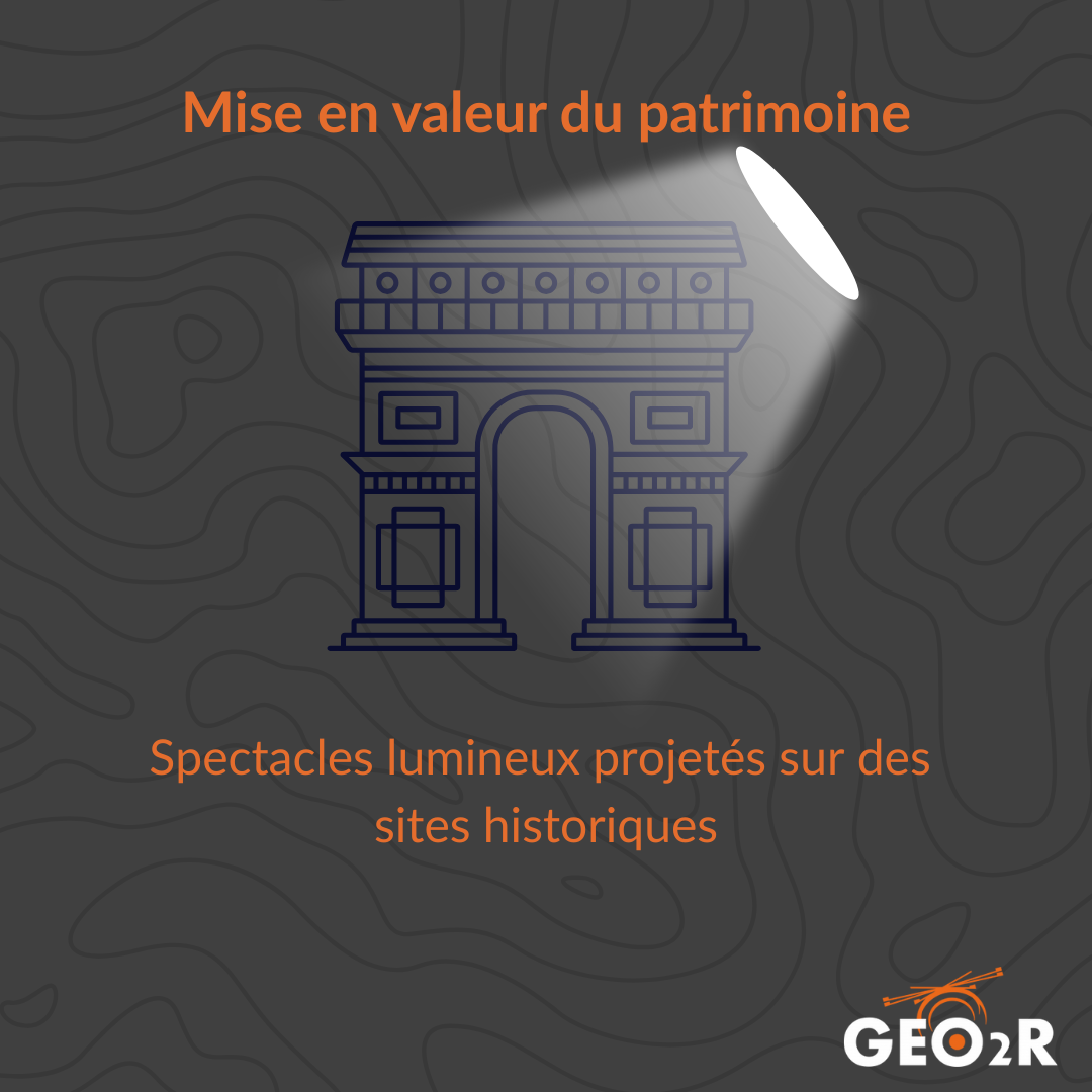 Illustration de l'Arc de Triomphe éclairé par un projecteur, accompagnée du texte "Mise en valeur du patrimoine" et "Spectacles lumineux projetés sur des sites historiques".