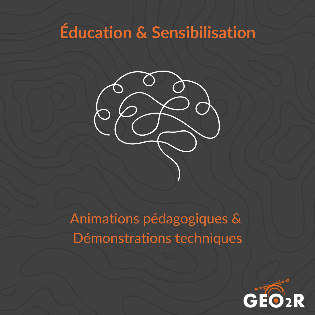 Illustration d'un cerveau stylisé accompagne du texte "Éducation & Sensibilisation", "Animamtions pédagogiques & Démonstrations techniques".