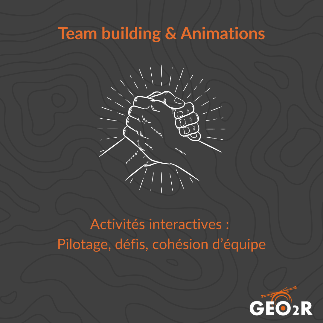 Illustration de deux mains qui se serrent fermement, avec les textes "Team building & Animations" et "Activités interactives : Pilotage, défis, cohésion d'équipe".
